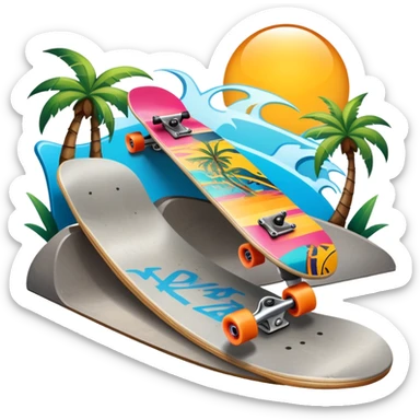 An icon featuring a skateboard resting on a smooth concrete surface. The background shows a sunny skate park with ramps, graffiti walls, and palm trees, creating an urban vibe. The skateboard is designed with vibrant colors and unique graphics. Transparent background  sticker