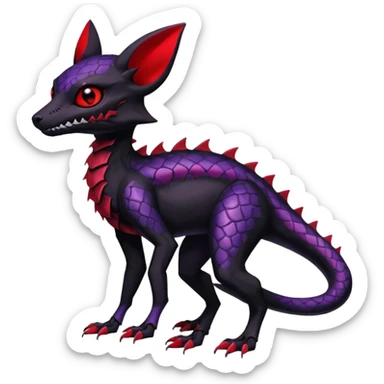 Gothic Black red purple Scaley Exotic Salandit-Umbreon-Noibat-Fakémon-hybrid-creature (full body), 4 legs, white skull face mask sticker