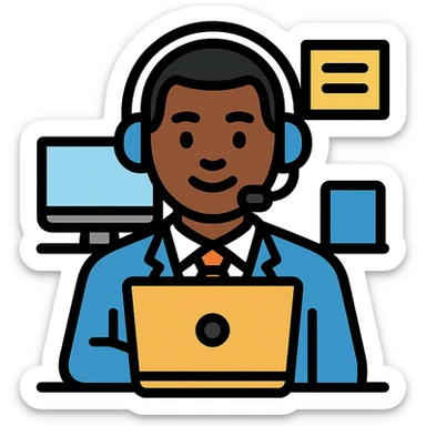 black agent working at a call center, wearing a headset, professional and friendly expression, office background sticker