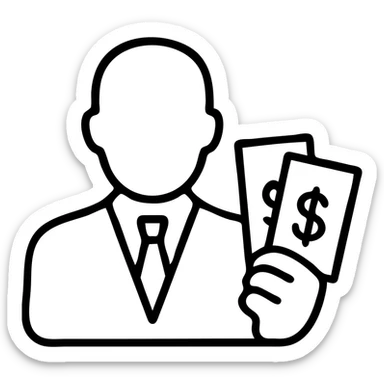 Business man holding dollar bills, wealthy person with cash sticker