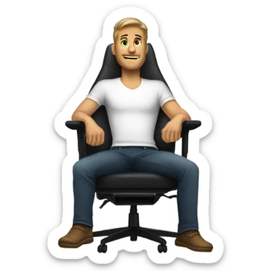 guy in gaming chair with arm rests, feet on the table sticker