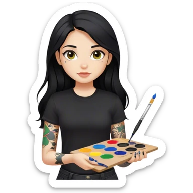 A girl with long black hair  light complexion and hazel eyes and black tattoos on right arm holding a paint palette  wearing black shirt sticker