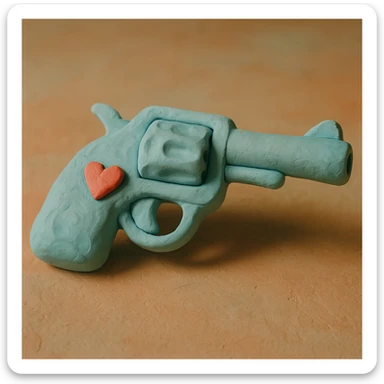 blue heart pistol, claymation style, soft pastel colors, visible fingerprints sticker
