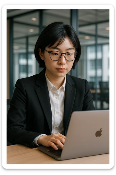 Professional Asian girl with short black hair, glasses, using a Mac laptop, in a suit sticker