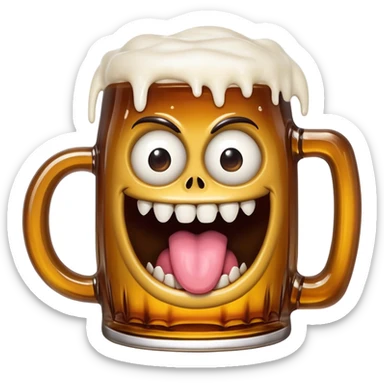 Mimic monster disguised as a beer mug with teeth and tongue, tipsy looking eyes sticker
