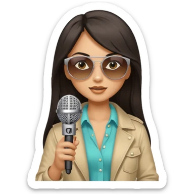 dark long haired woman with summer clothes and sun glasses holding microphone sticker