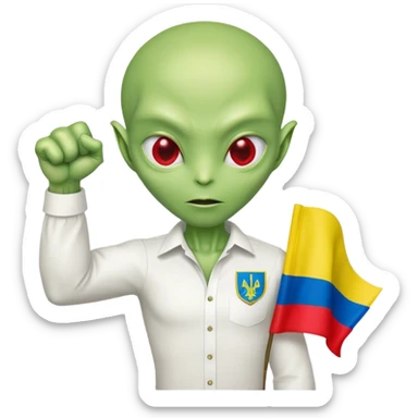 Green alien in Shirt 👚 vyshyvanka, white with red embodiary on sleeved, with 🇺🇦 Ukraine flag in a hand and 💪 sticker