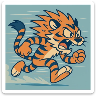 a stylized tiger running at high speed, blue and orange color palette, reminiscent of Sonic the Hedgehog, with motion blur and spiky fur, cartoon style sticker