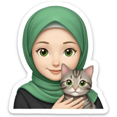 White girl wearing cute green hijab holding a black grey tabby cat while smiling sticker