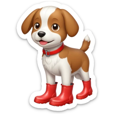 A brown and white dog wearing red rain boots sticker