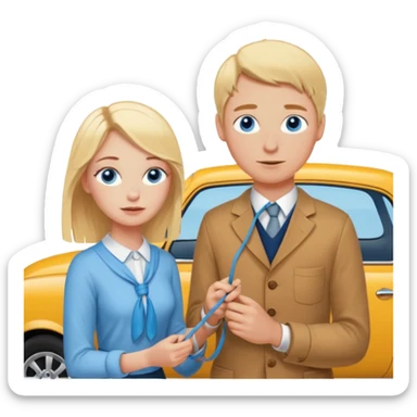 crea un emoji con esos 3 en conjunto👫🏻🪢🚘 & que la chica sea rubia y tenga pecas en la cara y tenga los ojos azules sticker
