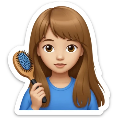 a girl with light skin and medium brown long hair with bangs who is brushing her hair with a hairbrush sticker