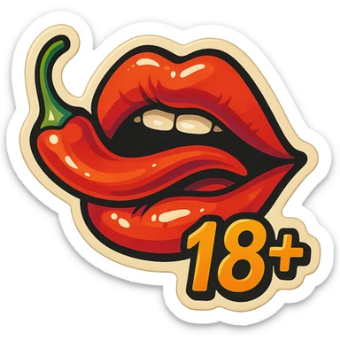 retro sticker-style illustration of lips with a chili pepper in the mouth and '18+' text, juicy, bold, playful, expressive shadows, highlights, sticker-like volume, varied pepper and lip positions sticker