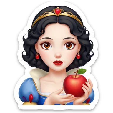 Cinematic Elegant Snow White Portrait Emoji, Delicately holding a red apple, eyes glimmering with mystery, soft curls perfectly placed, her royal presence glowing with a warm, enchanting charm! sticker