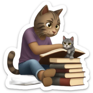 Reading books with a cat sticker