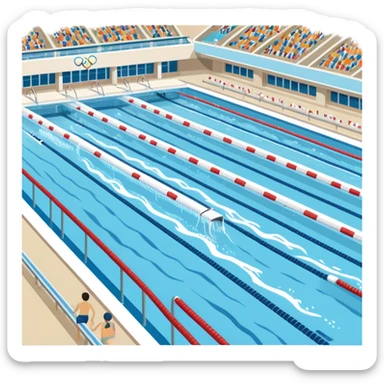 An icon featuring an Olympic swimming pool with multiple lanes and swimmers racing side by side. Splashes and lane dividers highlight the competition atmosphere. Transparent background emphasizes the energy, speed, and intensity of professional swimming events. sticker