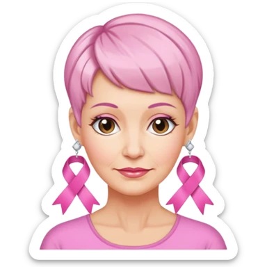 Mature Woman with pixiecut wearing earrings of pink ribbons sticker