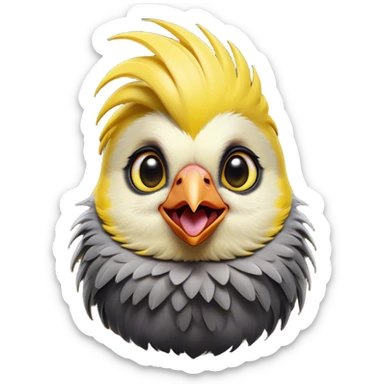 Cinematic Comical Cockatiel Portrait Emoji, Head tilted dramatically with an exaggeratedly amused expression, featuring a striking grey fur with bold yellow accents and a flamboyant crest, wide, expressive dark eyes filled with playful disbelief, Simplified yet hilariously expressive features, highly detailed, glowing with a slightly sassy glow, high shine, dramatic yet playful, stylized with an air of cheeky mischief, bright and endearing, soft glowing outline, capturing the essence of a spirited and over-the-top cockatiel, so meme-worthy it feels like it could side-eye its way into internet fame instantly! sticker