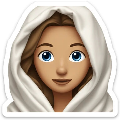 Beautiful brunette with long hair, slightly tan skin, and blue eyes, snuggled up in a warm white blanket, wearing golden earrings. sticker