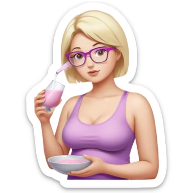 Seductive, Curvy fair skinned woman, short blond hair, small light purple reading glasses, washing dishes, SFW sheer pink tank top, without undergarments showing natural breast shape SFW, black yoga pants, thick booty sticker