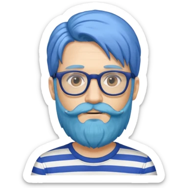 man with long blue hair, glasses, and a long beard and wearing a striped t-shirt sticker