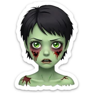 Zombie girl with messy black short hair with lashes and torn cheek sticker