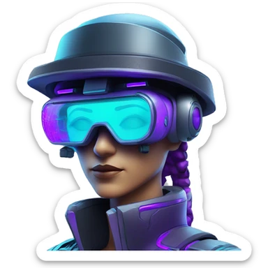 Secret humanoid agent in a futuristic hat with in Apple VR goggles headset code display on the goggles , cyberpunk, cyan and purple colors, only upper body portrait, front facing the camera  sticker
