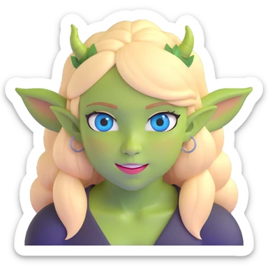 pretty girl with blonde hair, blue eyes, green ogre ears sticker