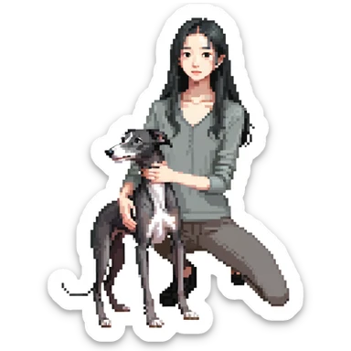 Slim Chinese girl with long black hair petting a dark grey Italian greyhound with a visible grey chest, no white markings anywhere sticker