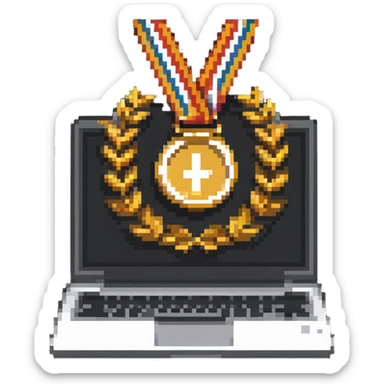 A gold medal with a laptop icon for hackathon winner sticker