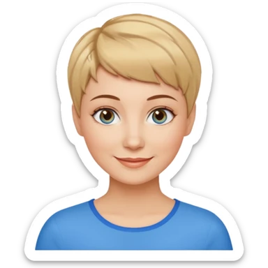 Frau, helle Haut, brauner Pixie schnitt mit blonden Spitzen, blaue Augen, mittleres alter sticker