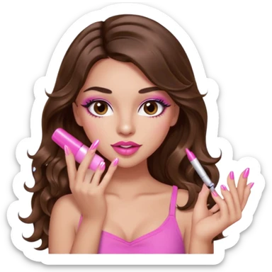 girl with long wavy brown hair, brown eyes, light to medium complexion, in a pink sexy top, pink lips, long lashes, puckered lips, showing my nails sticker