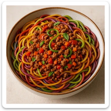 bowl of colorful spaghetti bolognese with visible diced meat, no text sticker