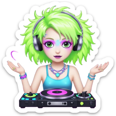 hard-techno-rave-fairy,-holding-a-dj-turntable,-wild-hair,-neon-sparkles,-minimal-background sticker