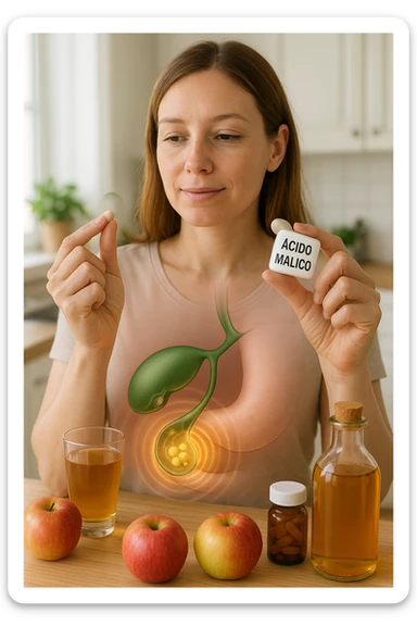 A detailed, realistic illustration or photo-style image showing a person holding a small glass of apple cider vinegar in one hand and a capsule labeled ‘Acido Malico’ in the other. In the foreground or as an overlay, a semi-transparent anatomical view of the abdomen highlights the gallbladder with visible small gallstones inside. Around the gallstones, gentle glowing waves or soft dissolving effects symbolize the softening or breakdown of the stones due to the natural acids. The person looks hopeful and calm, in a bright kitchen setting with fresh apples and natural health products on the counter. The overall mood is informative, natural, and hopeful about non-invasive, natural support for gallstone health sticker