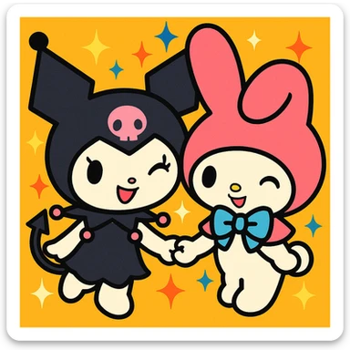 Kuromi and My Melody together, anime style, winking, holding hands, sparkles around them sticker
