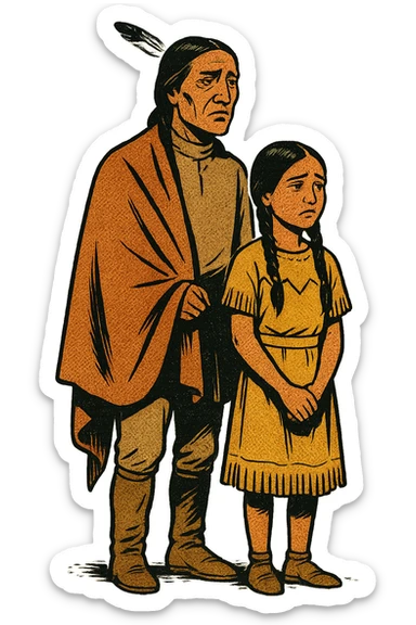 The full body of a native american father his daughter from the 1880s standing up straight with their heads held high but looking sad. bOTH ARE LOOKING IN THE SAME DIRECTION sticker
