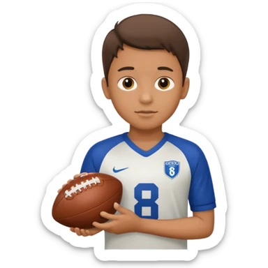 a boy having a football ball next to his hand wearing a football jersey sticker