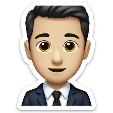 Teenage white boy with brown eyes and black short combover hair in a navy blue dress shirt with a black tie and a black and white speckled corduroy jacket sticker