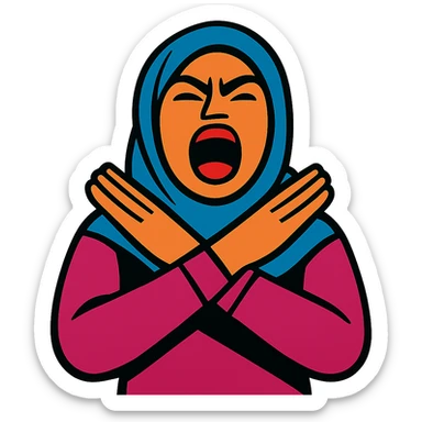 hijabi woman, yelling, hands crossed in an X over her neck sticker