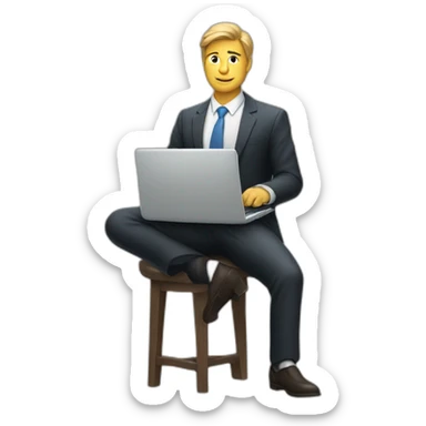 man sitting on stool wearing a suit holding up a laptop sticker
