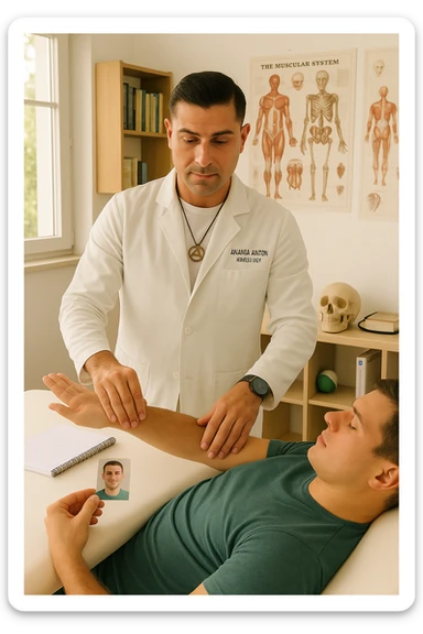 a middle-aged man, dressed in casual professional attire, is in a bright, organized therapy studio. Durante una visita di kinesiologia, il praticante tiene con una mano la foto di una persona lontana (il “testimone”) appoggiata su un tavolo, mentre con l’altra mano esegue un test muscolare su un cliente presente. Sullo sfondo si vedono libri di kinesiologia, poster anatomici e strumenti tipici della disciplina. L’atmosfera è concentrata e serena, con luce naturale che entra dalla finestra, sottolineando l’aspetto alternativo e umano della pratica. sticker
