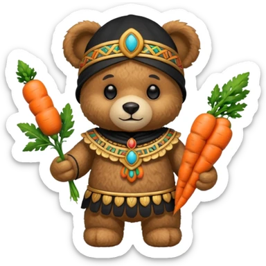 teddy bear, wearing black mayan ancient custome, with carrot half body sticker