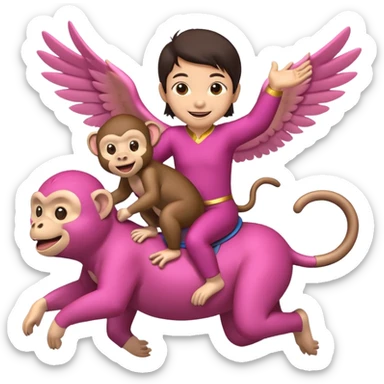 An asian cheater riding a flying pink monkey and other monkies around sticker