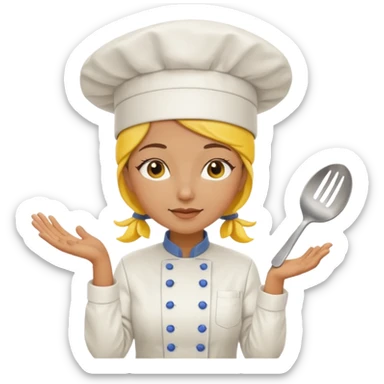 a woman chef wearing a bright yellow chef uniform with hat sticker