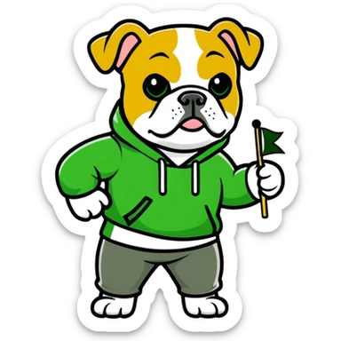 A bulldog wearing a green sweatshirt holding a little green flag sticker