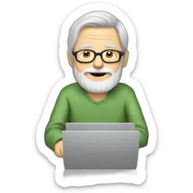 old man with grey hair and beard and glasses sitting at a desktop with computer sticker