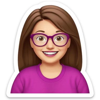 50 yr Caucasian woman, long brown hair parted on side, brown eyes, glasses, big smile, white teeth, fuscia sweater, chubby sticker