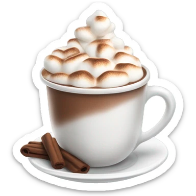 A cup of very hot hot chocolate with marshmallows, whipped cream and cinamon on the top sticker