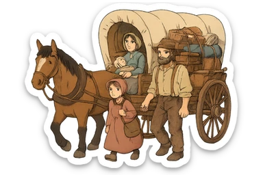 A poor American pioneer family in the 1840s setting out with a horse and wagon stuffed with their belongings to migrate to the American West. sticker